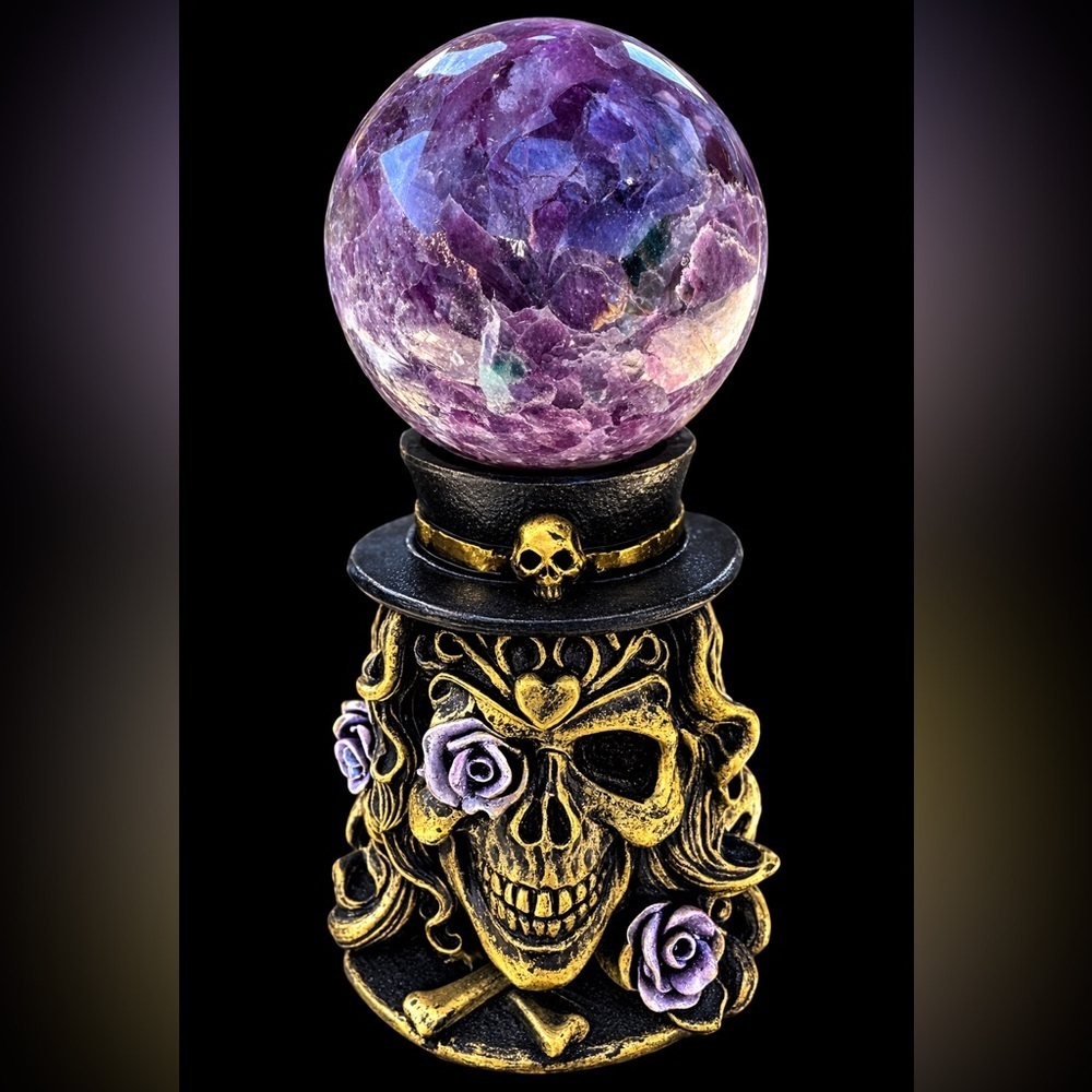Unicorn stone sphere with flower skull stand